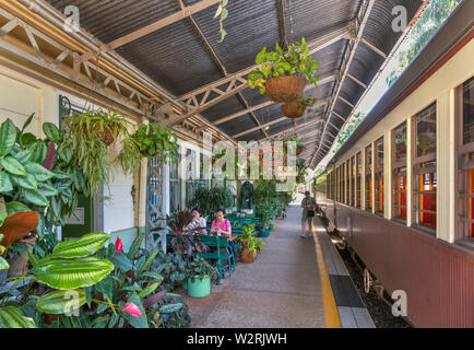 Bahn auf Gleis in Kuranda Railway Station neben dem Tea Rooms, Kuranda Scenic Railway, Kuranda, Atherton Tablelands, Queensland, Australien Stockfoto