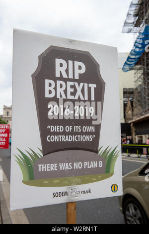 Westminster, London. 9. Juli 2019. Eine RIP-Brexit Zeichen gegenüber dem Unterhaus. Credit: Maureen McLean/Alamy Stockfoto