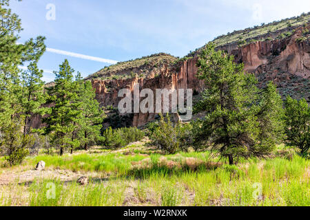 Landschaft von Canyon Klippen am Main Loop Trail im Bandelier National Monument in New Mexico im Sommer in Los Alamos Stockfoto