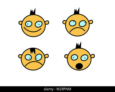 Satz von Lächeln Emoticons der dumme Junge Gesicht, Flachbild disighn. Glücklich, unglücklich, überrascht und verärgert Smileys. Emoji eingestellt. Stockfoto