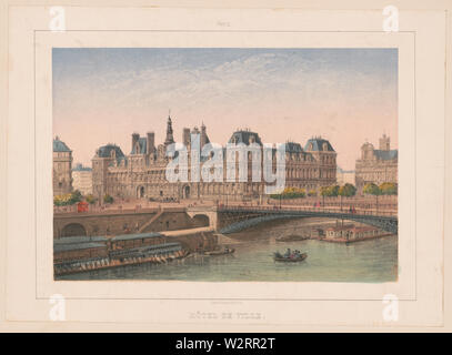 Paris. Hôtel de Ville; Drucken zeigt eine Ansicht des Hôtel de Ville in Paris, Frankreich, über von der Seine, mit Hausbooten auf dem Fluss und Brücke auf der rechten Seite. Stockfoto