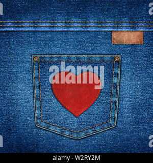 Hintergrund einfach Denim mit Leder label und rotem Leder Herz Stockfoto