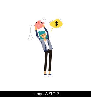 Mädchen hält cute piggy Bank über ihren Kopf und will um sie zu brechen. Mädchen denkt über Dollar Währung. Auf weissem Hintergrund. Flat Style Stock Vektor