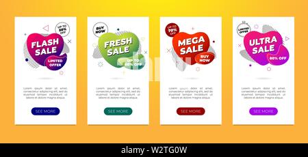 Verkauf Banner Design Vorlage Satz. Dynamischer moderner Gradientenfluid-Flyer auf weißem Hintergrund. Flash Fresh Mega ultra Rabatt Einzelhandel bieten flüssige Form Poster. Vektor Marketing Promo Coupon Illustration Stock Vektor