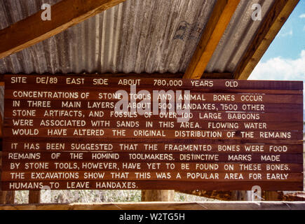 Die frühen Menschen, Homo erectus, Olorgesailie in der Region lebten, im südlichen Kenia, zwischen 1,2 Millionen und 490.000 Jahren vor. Ausgrabungen bei Olorgesailie zeigen Lebensräume und Tiere diese frühen Menschen angetroffen, die handaxe Tools, die Sie gemacht haben und die Herausforderungen, die sie trafen. Schild am Visitor Center. Stockfoto