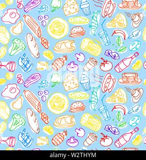 Verschiedene hand gezeichnet Essen kochen doodle Umrisse farbige Skizze nahtlose Muster auf hellblauem Hintergrund. Vektor-zeichnung kochen Kunst Illustration Stock Vektor
