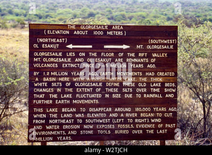 Die frühen Menschen, Homo erectus, Olorgesailie in der Region lebten, im südlichen Kenia, zwischen 1,2 Millionen und 490.000 Jahren vor. Ausgrabungen bei Olorgesailie zeigen Lebensräume und Tiere diese frühen Menschen angetroffen, die handaxe Tools, die Sie gemacht haben und die Herausforderungen, die sie trafen. Schild am Visitor Center. Stockfoto