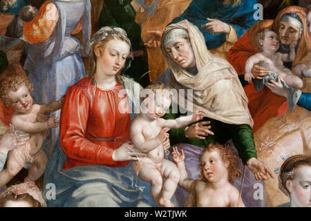 Das Gemälde der Heiligen Sippe. Heilige Jungfrau Maria mit dem Jesuskind mit der Heiligen Elisabeth und ihr Sohn Johannes der Täufer. Stockfoto