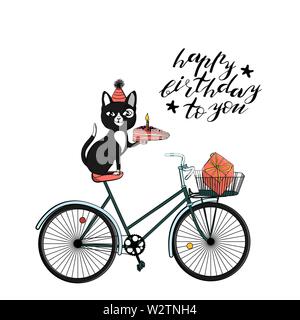 Schwarze Katze im Hut sitzt auf Fahrrad- und Holding Stück Kuchen. hand Schriftzug happy birthday an Sie. Vintage hippie Fahrrad mit Korb. isolieren Stock Vektor