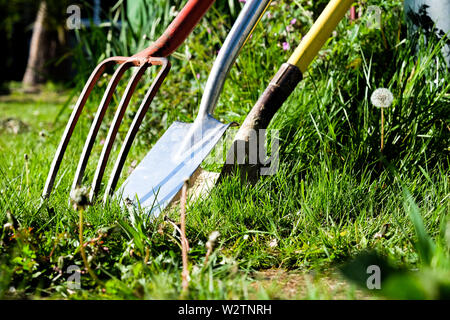 Eine rote Gartenarbeit Gartenarbeit Gabel einen Spaten und eine Gartenbau Schaufel mit einem gelben Griff lehnte sich gegen jede andere von Grass in einem Garten umgeben, Horizon Stockfoto