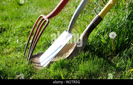 Eine rote Gartenarbeit Gartenarbeit Gabel einen Spaten und eine Gartenbau Schaufel mit einem gelben Griff lehnte sich gegen jede andere von Grass in einem Garten umgeben, Horizon Stockfoto