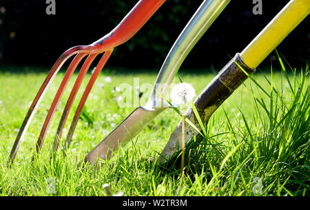 Eine rote Gartenarbeit Gartenarbeit Gabel einen Spaten und eine Gartenbau Schaufel mit einem gelben Griff lehnte sich gegen jede andere von Grass in einem Garten umgeben, Horizon Stockfoto