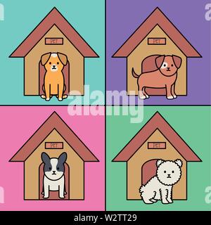 Kleine Hunde adorable mit Holzhäusern Vector Illustration Design Stock Vektor