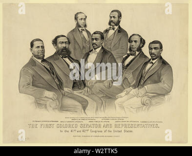 Ersten farbigen Senator und Vertreter in der 41. und 42. Kongreß der Vereinigten Staaten. (Nach rechts) Senator Hiram Schwelgt von Mississippi, Vertreter Benjamin Turner von Alabama, Robert DeLarge von South Carolina, Josiah Wände von Florida, Jefferson lange von Georgien, Joseph Rainey und Robert B. Elliot von South Carolina. 1872 Stockfoto