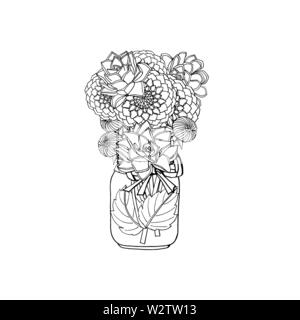 Hand gezeichnet Doodle style Blumensträuße von verschiedenen Blumen, Dahlie, Sukkulenten. auf weißem Hintergrund. Vektor illustration Stock Vektor
