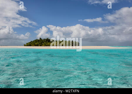 Insel mit Palmen und von einem weißen Sandstrand in der türkisblauen Lagune von Aitutaki, Cook Inseln, Polynesien umgeben Stockfoto