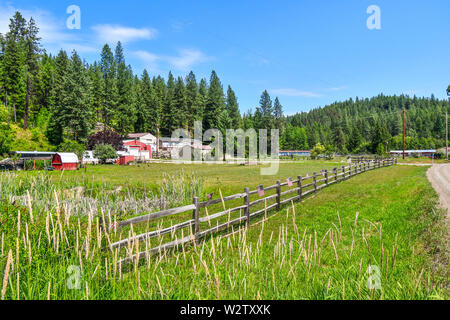 Eine kleine Straße Home site Bauernhof auf Flächeninhalt fliegen amerikanische Fahnen entlang ihrer Lattenzaun am 4. Juli in der Coeur d'Alene im Norden von Idaho, USA Stockfoto