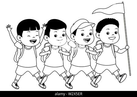Kinder und Sommer Camp Cartoons in Schwarz und Weiß Stock Vektor