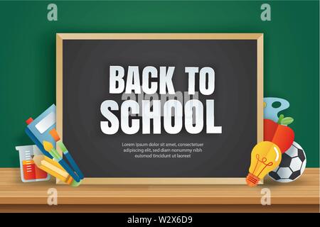 Zurück zu Schule Banner mit Bildung Produkte auf der schwarzen Tafel Hintergrund in Paper art Stil. Stock Vektor