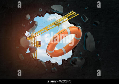 3D-Rendering von Hebekran mit orangefarbenen Rettungsring und Brechen das Loch im schwarzen Wand mit blauer Himmel durch gesehen. Stockfoto