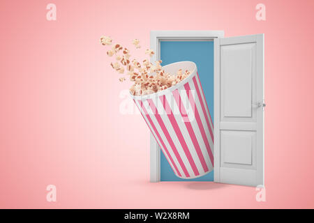 3D-Rendering von riesigen popcornwanne, die sich aus der offenen Tür und Kleckern einige Popcorn auf Rosa copyspace Hintergrund. Stockfoto