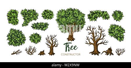 Landschaft Bäume Konstruktor gesetzt. Bäume, Blätter und Zweige Elemente für Design Stock Vektor