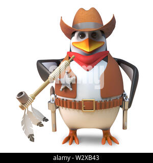 Tapferer pinguin Sheriff der einsame Cowboy raucht auf eine Friedenspfeife, 3d-Grafik rendern Stockfoto