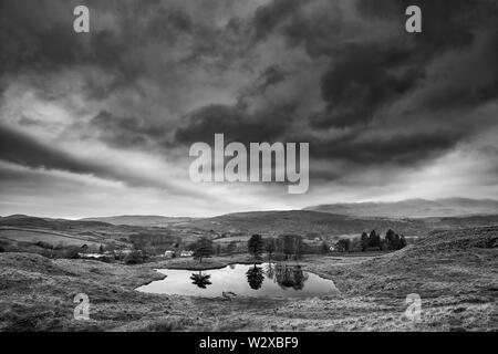 Wunderschöne Landschaft Bild von Moody Sturmwolken über Kelly Halle Tarn in Lake District im späten Herbst am Nachmittag Stockfoto