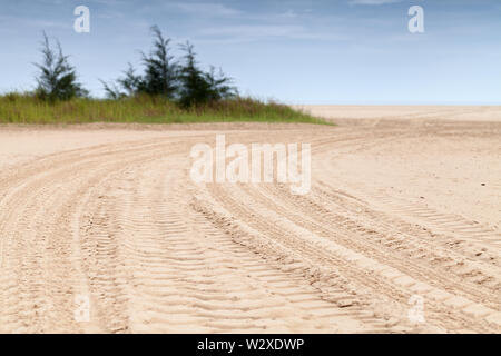 Küstenlandschaft mit Reifenspuren auf sandigen Strand unter bewölktem Himmel - Hintergrund Stockfoto