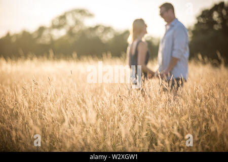 Junge kaukasier Paar in der Landschaft, halten sich an den Händen und gehen durch die Felder bei Sonnenuntergang Stockfoto