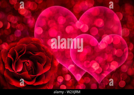 Rote Rose auf bokeh Hintergrund mit rosa Form der zwei Herzen, Valentinstag und liebe Konzept. Stockfoto