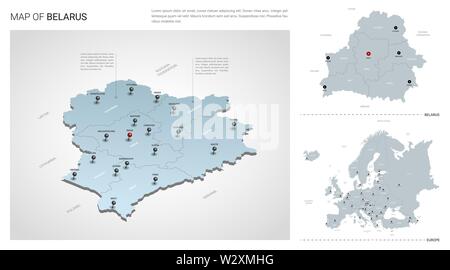 Vektor einrichten von Belarus Land. Isometrische 3d-Karte, Belarus, Europa Landkarte mit Region, Staat Namen und Städtenamen. Stock Vektor