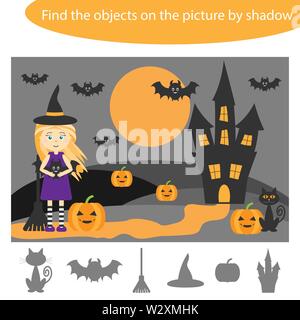 Hier finden Sie die Objekte, die durch Schatten, Spiel mit Halloween Bild für Kinder im Cartoon, Bildung Spiel für Kinder, Vorschule Arbeitsblatt Aktivität, Aufgabe für die d Stock Vektor