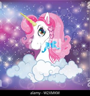 Einhorn Kopf mit rosa Mähne Portrait auf Rainbow mesh kawaii Universum galaxy Space oder Nachthimmel holographische Hintergrund, Wolken, Magie funkelt, Sterne, Stock Vektor