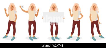 Junge Frau, legere Kleidung. Set mit unterschiedlichen Posen und Gesten auf weißem Hintergrund. Cartoon Flat Style Vector Illustration Stock Vektor