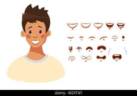 Der Kopf eines jungen Kerl Charakter mit unterschiedlichen Emotionen und Lippe Synchronisation. Emotionale Intelligenz. Mund der männlichen Comicfigur in flacher Ausführung, isolierte Vector Illustration. Stock Vektor