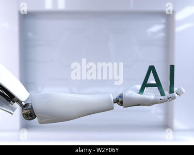 3D-Rendering eines männlichen Roboter Hand den Buchstaben AI, d. h. Künstliche Intelligenz Technologie. Futuristisches Konzept. Stockfoto