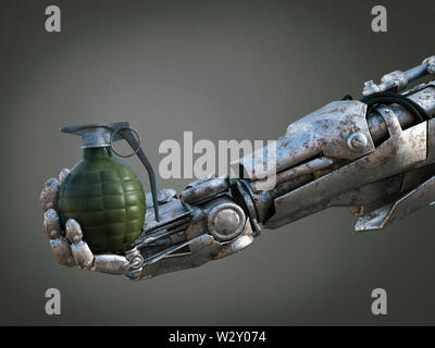 3D-Rendering eines futuristischen Roboter Soldat Hand eine Granate. Robotic militärische Kriegsführung Konzept. Stockfoto