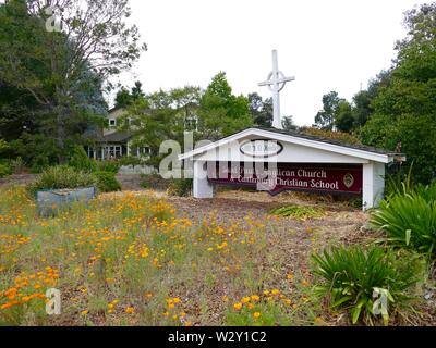 14. Mai 2019, US, Los Altos: Das Zeichen an der Canterbury christliche Schule in Los Altos. (Dpa Geschichte "Technologie und Hirn') Foto: Barbara Munker/dpa Stockfoto
