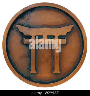 Shinto Symbol auf dem Metall Kupfer Münze 3D-Rendering Stockfoto
