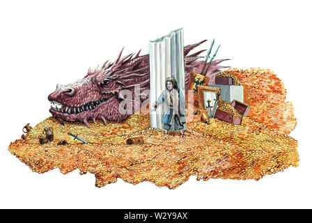 Furchterregenden Drachen und Zwerg Abbildung. Drachen und seinen Schatz. Fantasy acryl Abbildung. Stockfoto