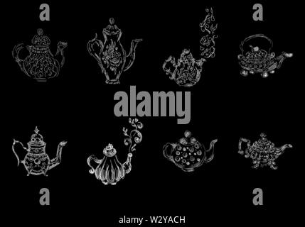 Satz von Retro hand Teekannen gezeichnet, tolles Design für irgendwelche Zwecke. Teekanne Hand im chinesischen Stil auf schwarzem Hintergrund dargestellt. Retro Collection. Wasserkocher Symbol Stock Vektor
