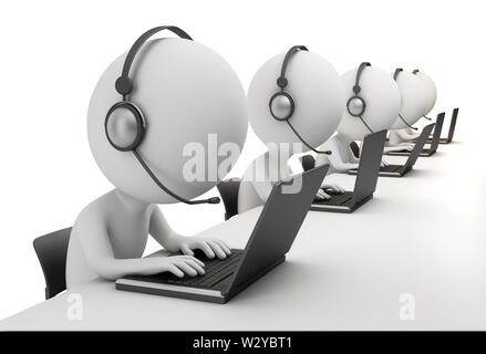 3d kleine Person - Betreiber bei Laptops im Ohr sitzen - Telefone mit einem Mikrofon. 3D-Bild. Isoliert weißer Hintergrund. Stockfoto