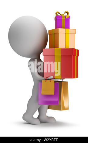 3d kleine Person trägt einen Stapel der Geschenke. 3D-Bild. Weißer Hintergrund. Stockfoto