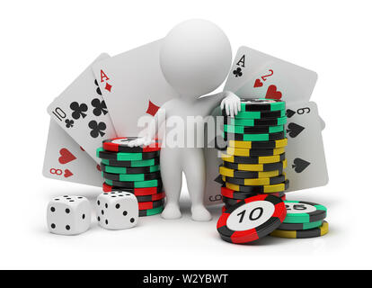 3d kleine Menschen mit Zähler für eine Roulette, Karten spielen und Knochen. 3D-Bild. Isoliert weißer Hintergrund. Stockfoto