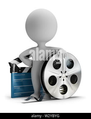 3d kleine Person neben Kino Klappe und Film tape 3D-Bild. Weißer Hintergrund. Stockfoto