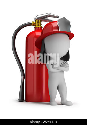 3d kleine Person - Feuerwehrmann stehen neben einem großen Feuerlöscher. 3D-Bild. Weißer Hintergrund. Stockfoto