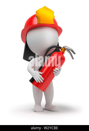 3d Kleine Leute - Feuerwehrmann mit den Feuerlöscher und einen Helm. 3D-Bild. Isoliert weißer Hintergrund. Stockfoto
