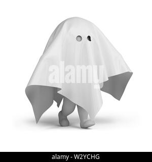 3d kleine Person in einem ghost Kostüm. 3D-Bild. Isoliert weißer Hintergrund. Stockfoto