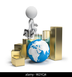 3d kleine Person - Geschäftsmann zu Fuß auf der goldenen Stufen rund um die Welt. 3D-Bild. Isoliert weißer Hintergrund. Stockfoto